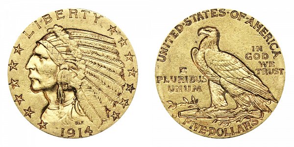 1914 D Indian Head $5 Gold Half Eagle - Five Dollars 