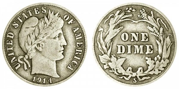 1914 S Silver Barber Dime 