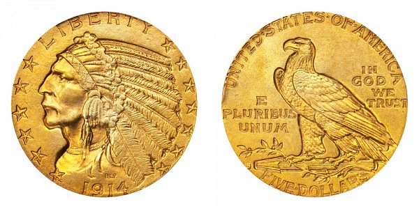 1914 S Indian Head $5 Gold Half Eagle - Five Dollars 