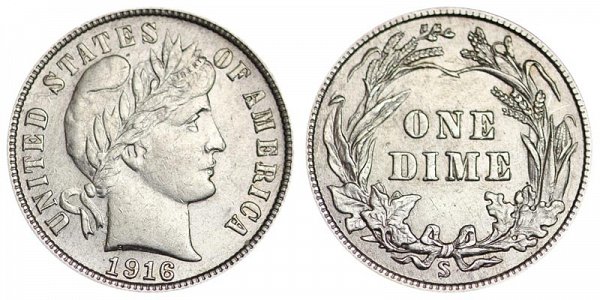 1916 S Silver Barber Dime