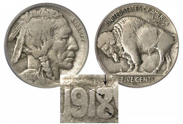 1918 D 8 Over 7 8/7 Indian Head Buffalo Nickel 