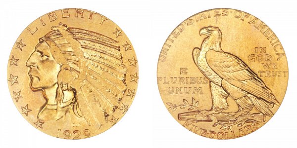 1929 Indian Head $5 Gold Half Eagle - Five Dollars 