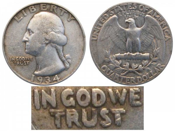 1934 Washington Silver Quarter - Doubled Die Obverse 