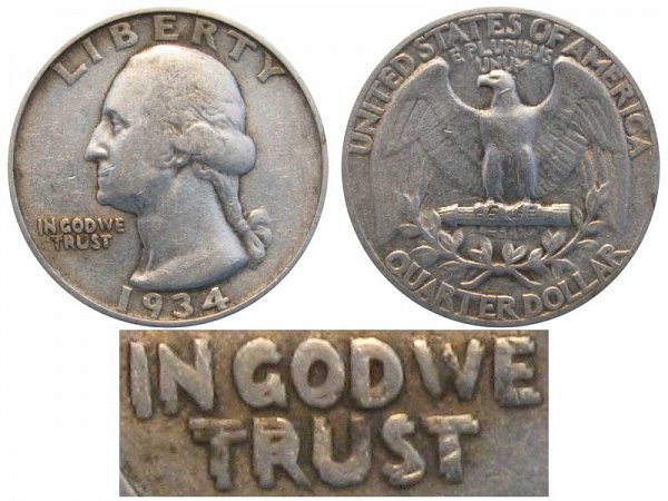 1934 Washington Silver Quarter - Doubled Die Obverse