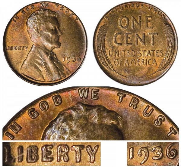 1936 Doubled Die Obverse DDO Lincoln Wheat Cent Penny 