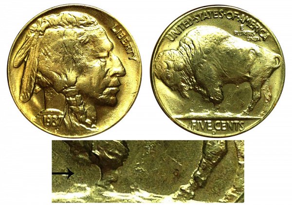 1937 D 3 Legged Indian Head Buffalo Nickel 