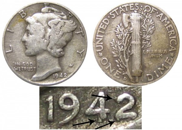 1942/1 D 42 Over 41 Silver Mercury Dime Overdate Error 