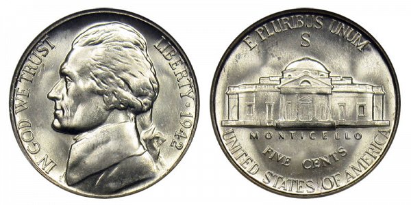 1942 S Wartime Jefferson Nickel - Silver War Nickel 