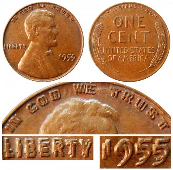 1955 Doubled Die Obverse (DDO) Lincoln Wheat Cent Penny Error 
