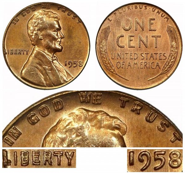1958 Doubled Die Obverse DDO Lincoln Wheat Cent Penny