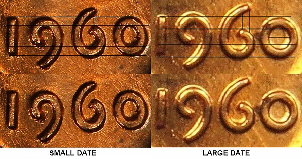1960 lincoln cent penny - small date vs large date comparision