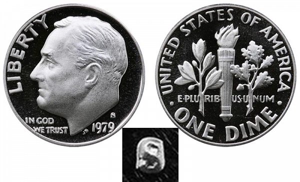 1979 Type 1 Filled S Roosevelt Dime Proof