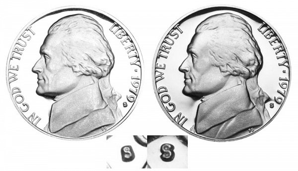 1979 Type 1 Filled S vs Type 2 Clear S Jefferson Nickel 