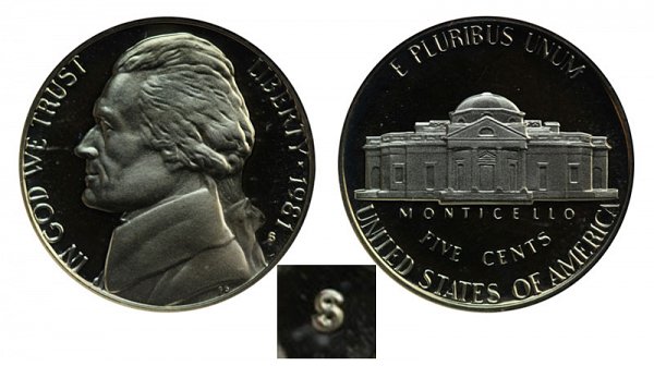 1981 Type 1 Filled S Jefferson Nickel Proof