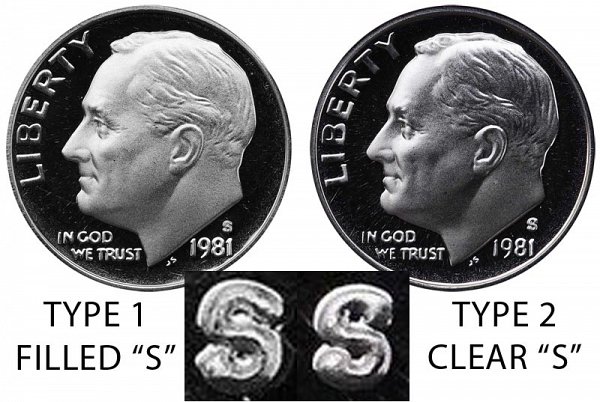 1981 Type 1 Filled S vs Type 2 Clear S Roosevelt Dime - Difference and Comparison