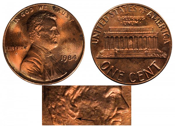 1984 Doubled Ear Doubled Die Obverse DDO Lincoln Memorial Cent Penny 