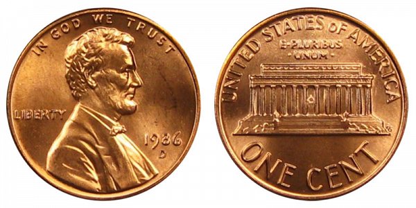 1986 D Lincoln Memorial Cent Penny 