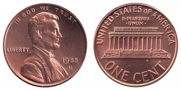 1988 D Lincoln Memorial Cent Penny 