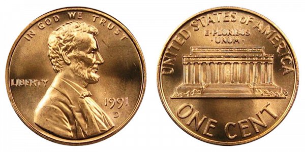 1991 D Lincoln Memorial Cent Penny 