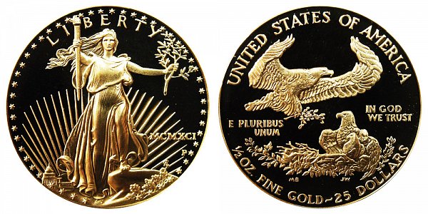 1991 P Proof Half Ounce American Gold Eagle - 1/2 oz Gold $25  - MCMXCI 