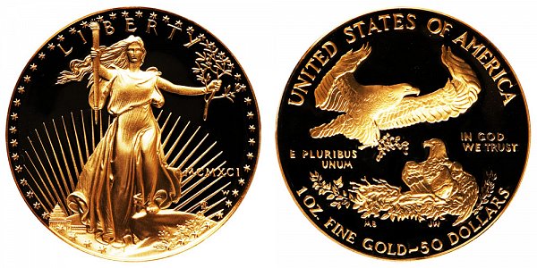 1991 W Proof One Ounce American Gold Eagle - 1 oz Gold $50  - MCMXCI 