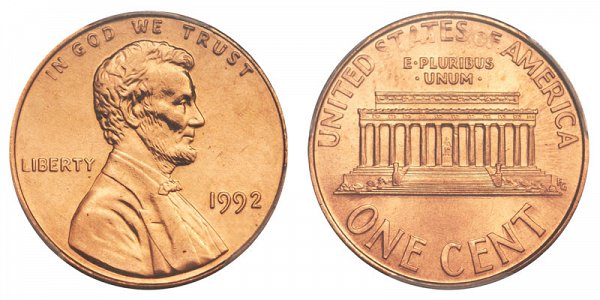 1992 Close AM Lincoln Memorial Cent Penny 