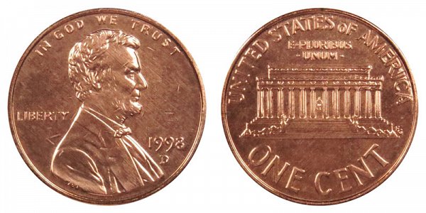 1998 D Lincoln Memorial Cent Penny 