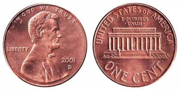 2001 D Lincoln Memorial Cent Penny 