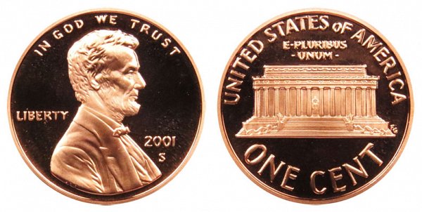 2001 S Lincoln Memorial Cent Penny Proof 