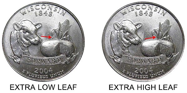 2004 D Extra Low Leaf vs High Leaf Wisconsin State Quarter - Difference and Comparison