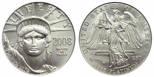 2008 W Burnished Uncirculated Half Ounce American Platinum Eagle - 1/2 oz Platinum $50 