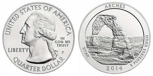 2014 Arches 5 Ounce Burnished Uncirculated Coin - 5 oz Silver 