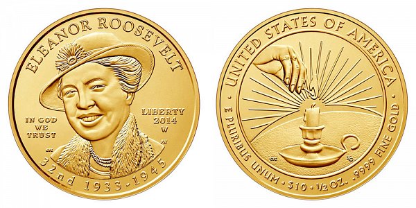 2014 W Eleanor Roosevelt First Spouse Gold Bullion Coin - Brilliant Uncirculated 1/2oz Half Ounce Gold 