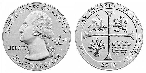 2019 P San Antonio Missions 5 Ounce Burnished Uncirculated Coin - 5 oz Silver 