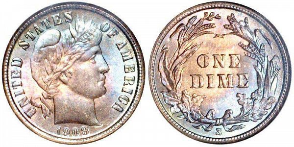 1908 S Silver Barber Dime