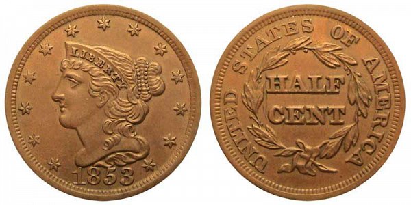 1853 Braided Hair Half Cent Penny 