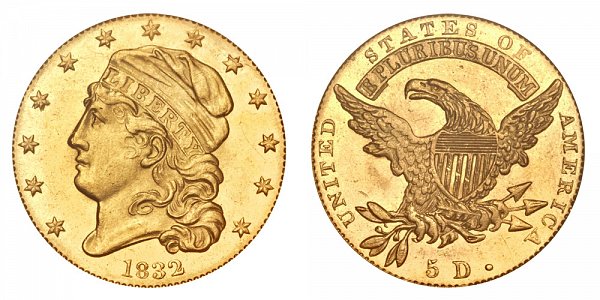 1832 13 Stars - Square Base 2 - Capped Bust $5 Gold Half Eagle - Five Dollars 