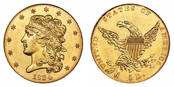 1834 Classic Head $5 Gold Half Eagle - Crosslet 4 - Five Dollars 