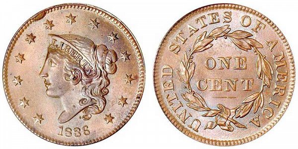 1836 Coronet Large Cent Penny 