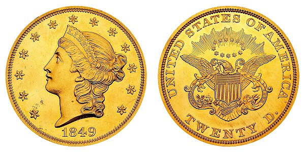 1849 Liberty Head $20 Gold Double Eagle - Twenty Dollars - Unique Pattern 