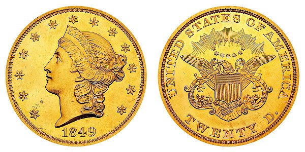 1849 Liberty Head $20 Gold Double Eagle - Twenty Dollars - Unique Pattern