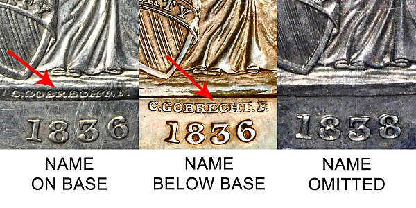 1839 Gobrecht Dollar Name On Base vs Name Below Base Varieties - Difference and Comparison