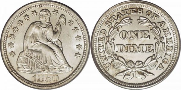 1850 Seated Liberty Dime - Type 2 With Drapery Added 