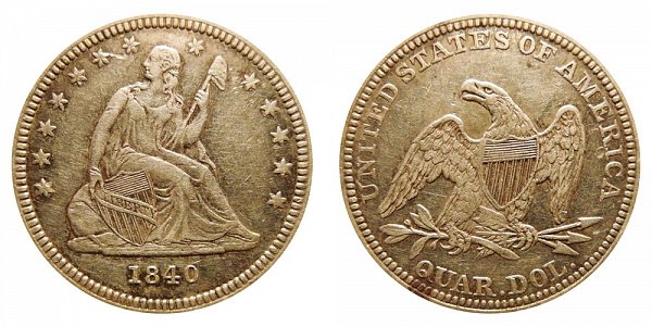 1840 Seated Liberty Quarter - With Drapery Added