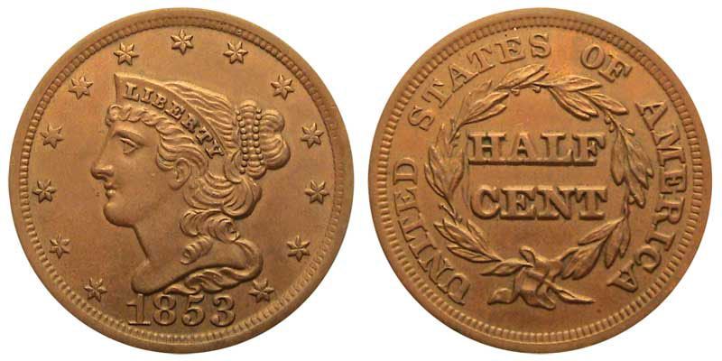 1854 US half cent value, Braided Hair